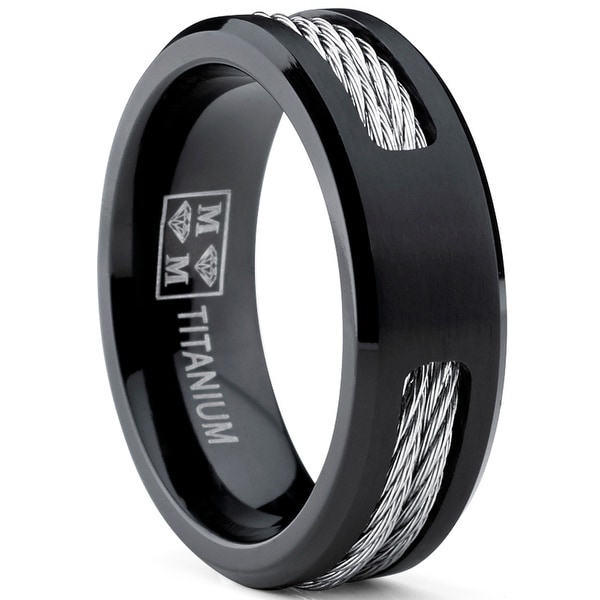 Oliveti Men's Black Titanium ring Wedding band with Stainless Steel Cables sizes 7 to 12. Opens flyout.
