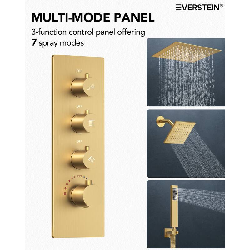 Dual LED Shower Head 12" Rainfall & 6" High Pressure Shower System w/ 4 Way Thermostatic Shower Faucet Set