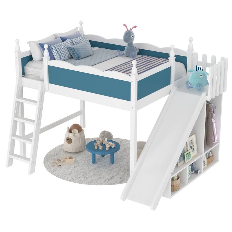 Full Loft Bed with Storage Shelves and Wardrobe, Solid Wood Loft Beds with Detachable Slide and Ladders, No Spring Box Needed