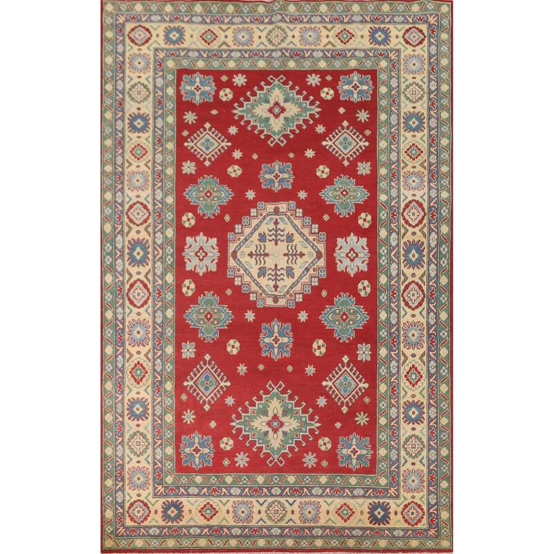 Geometric Red Kazak Area Rug Hand-Knotted Oriental Wool Carpet - 6'8" x 10'2"