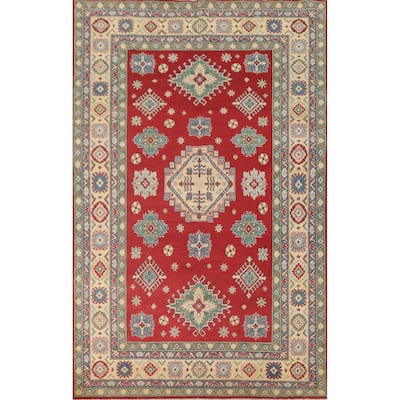 Geometric Red Kazak Area Rug Hand-Knotted Oriental Wool Carpet - 6'8" x 10'2"