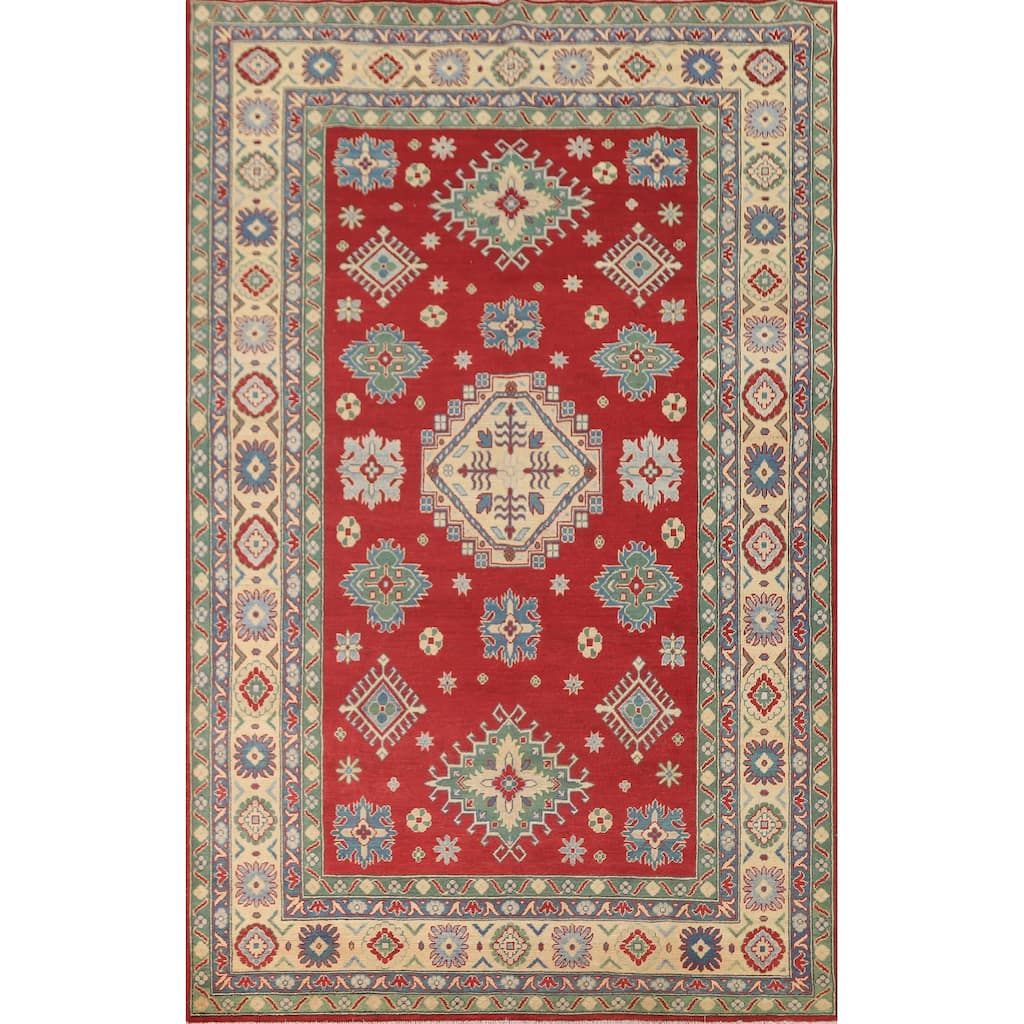 Geometric Red Kazak Area Rug Hand-Knotted Oriental Wool Carpet - 6'8" x 10'2"