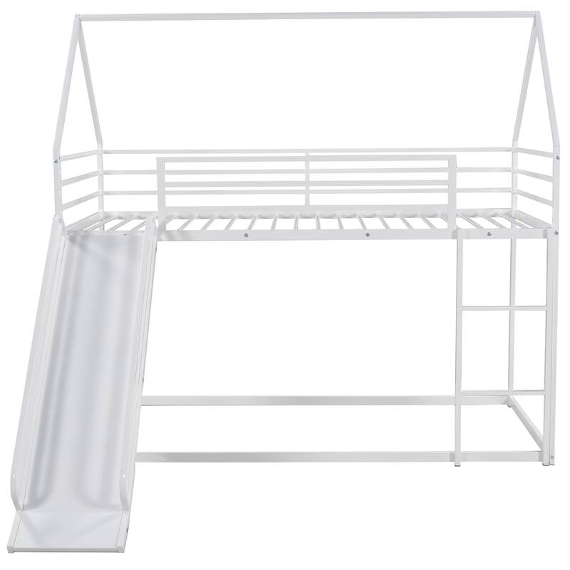 Twin over Twin House Bunk Bed with Ladder and Slide, White