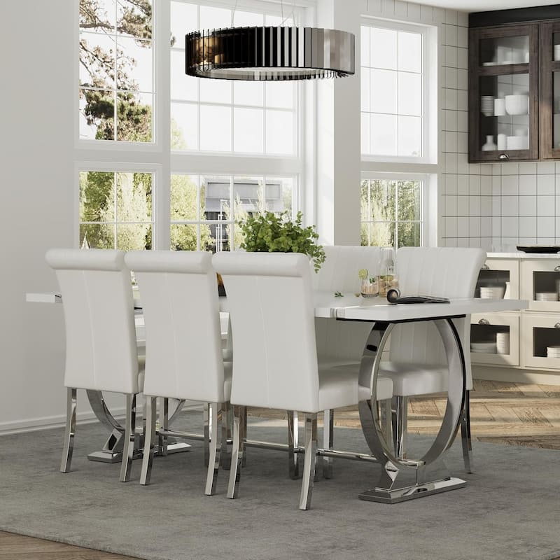 Luxury PU Leather Parsons Dining Chairs Side Chairs with Rolled Back and Stainless Steel Legs