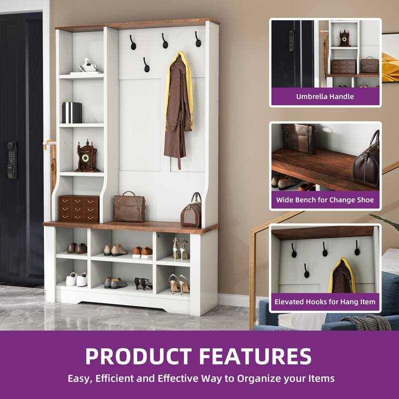 Moasis 39"/59" Farmhouse Hall Tree Bench Shoe Storage Coat Rack for Entryway with Adjustable Shelf