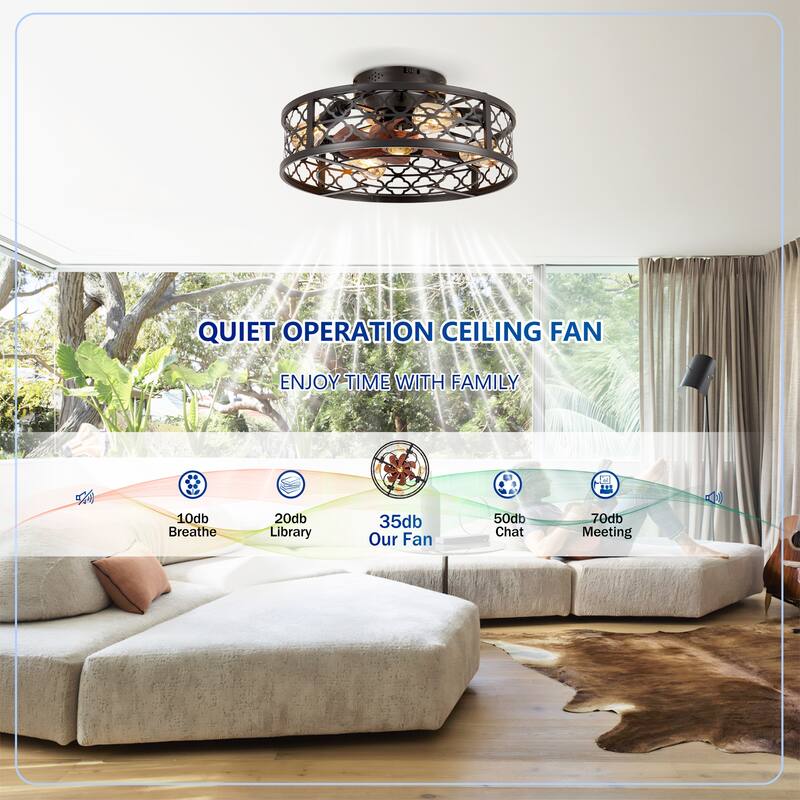 20 inch Flush Mount Ceiling Fan Light with Remote Caged Farmhouse Fandelier Black Wood Low Profile