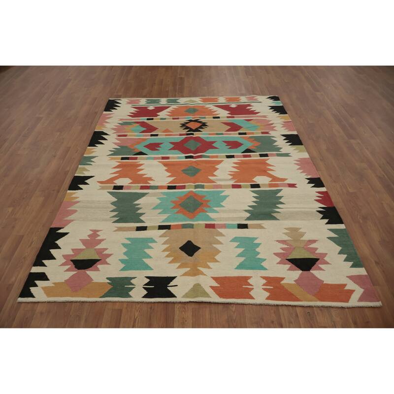 Hand Woven Oriental 100% Wool Carpet Southwestern Tribal Multi-Colored Kilim Area Rug - 7' 11'' X 5' 10''