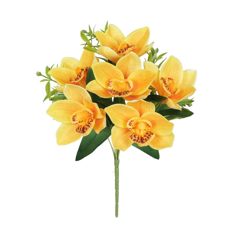 Set of 4 Yellow Artificial Cymbidium Orchid Flower Stem Bush Bouquet 13in - 13" L x 8" W x 8" DP - Yellow - 13" L x 8" W x 8" DP