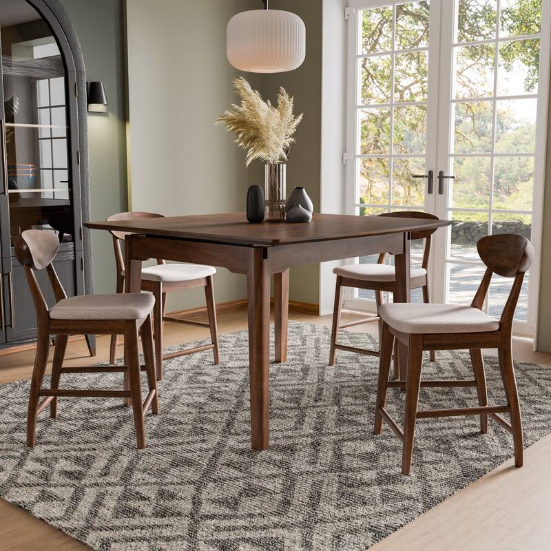 Furniture of America Abigail V Mid-Century Modern 5-Piece Walnut 53-inch 1-Leaf Extendable Counter Height Dining Set - Rich Walnut