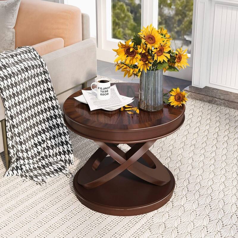 Retro Round Solid Wood End Table with X-Shape Base for Living Room Use