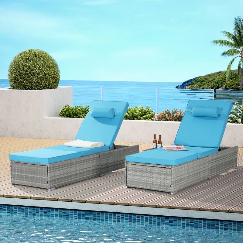 Set of 2 Outdoor Rattan Chaise Lounge with Adjustable Backrest
