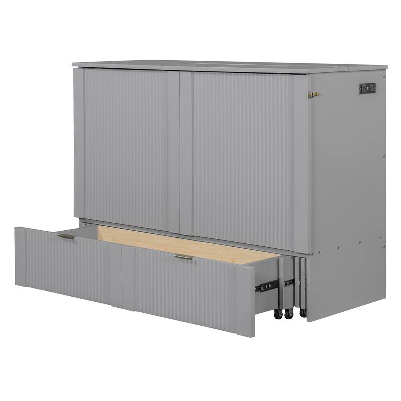 Space-Saving Full Size Murphy Bed with Drawer, USB Ports, and Smooth Pulley Design in Gray