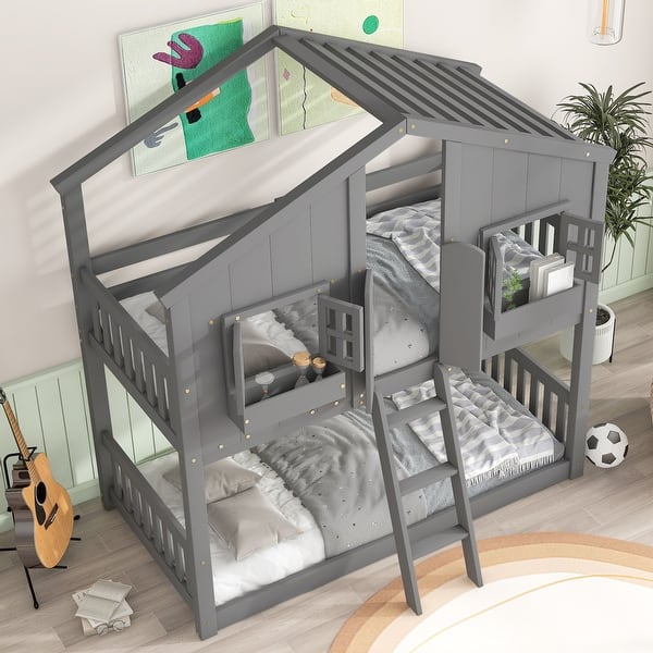 slide 2 of 19, Twin over Twin House Bunk Bed with Roof & Guardrails