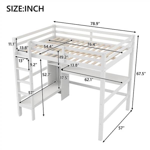 dimension image slide 0 of 2, Full Size Loft Bed with Bulit-in Desk and Multifunction Storage Shelves, Wooden Loft Bedframe with Ladder and Guardrail