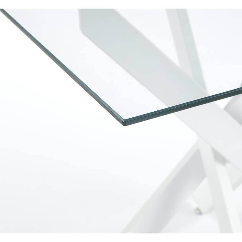 Square Glass Dining Table for 4 Person, Kitchen Table with Tempered Glass & Cross Metal Legs, Modern Leisure Coffee Table