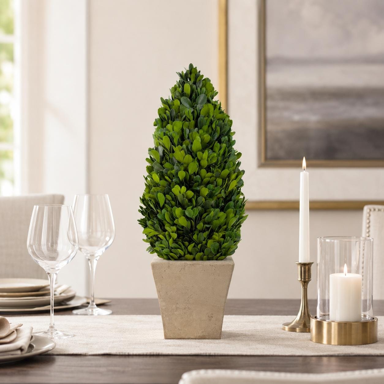 Evergreen 16" Inch Handcrafted Preserved Cone-Shaped Boxwood Leaf Topiary in Terracotta Pot