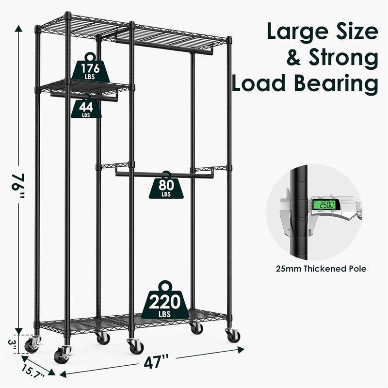 Garment Rack 3 Tiers Adjustable Metal - 15.7"D x 47"W x 76"H
