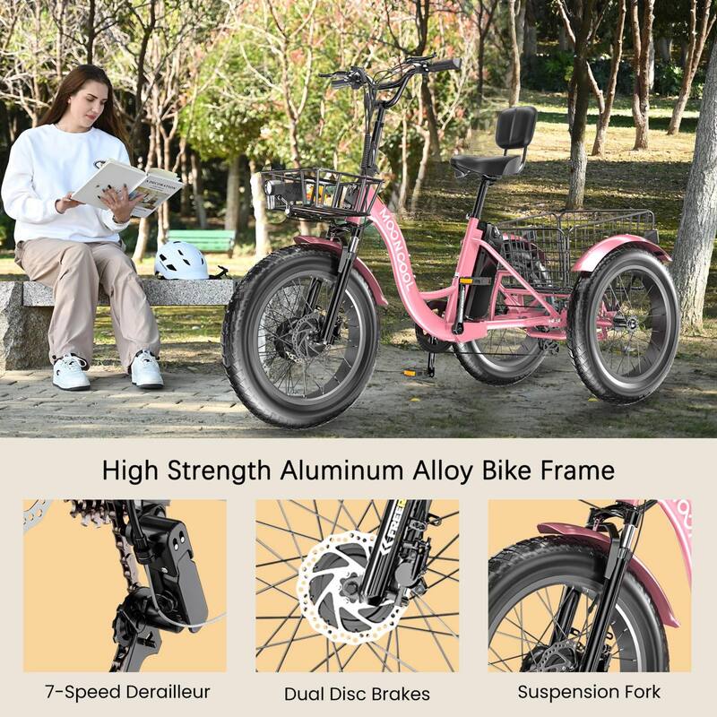 DoCred 20"x4" Fat Tire Electric Tricycle, 48V 500W with 7 Speed Ebike