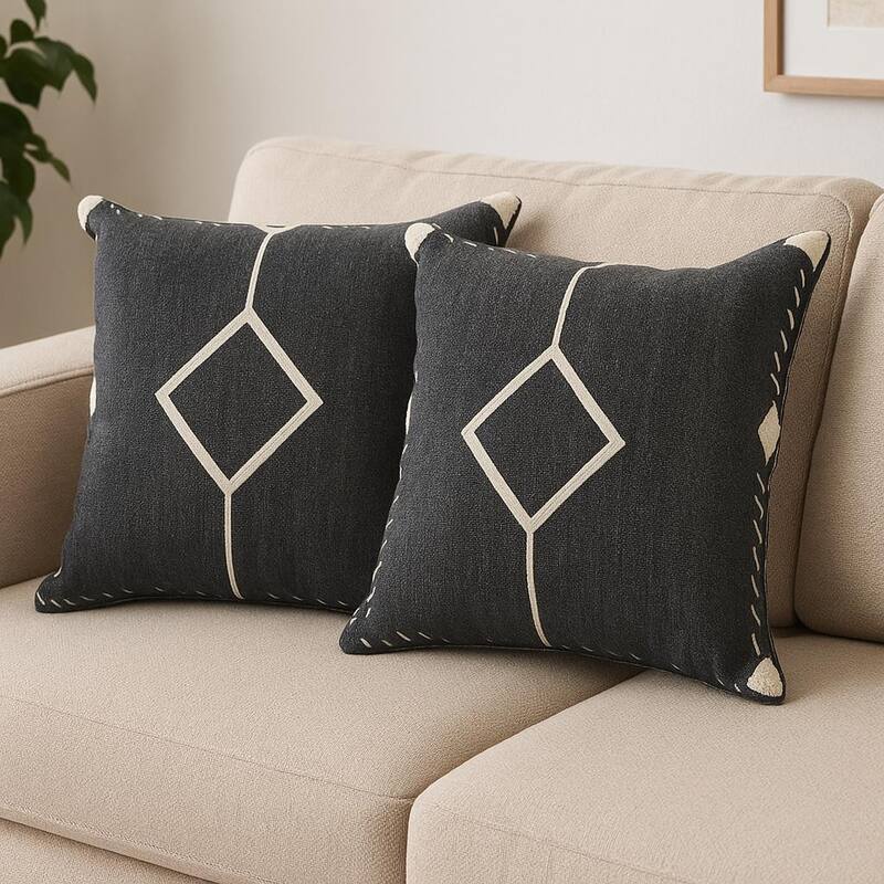 Set of Two 20" Black And Off White Diamond Cotton Throw Pillows - Polyester - Set of 2 - 20 in. x 20 in.  x 1 in. - Accent - Off White/Black