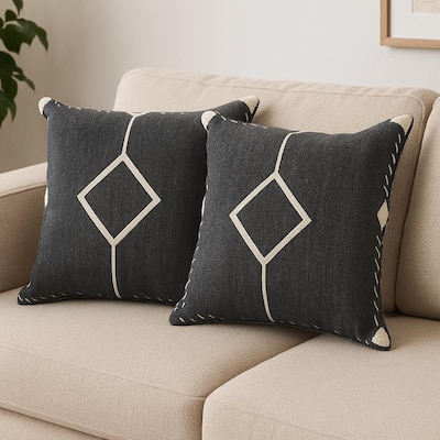 Set of Two 20" Black And Off White Diamond Cotton Throw Pillows