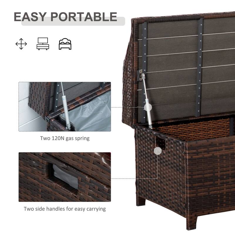 Outsunny PE Rattan Patio Storage Bench with Interior Water-Fighting Cloth Bag & Comfortable White Top Cushion