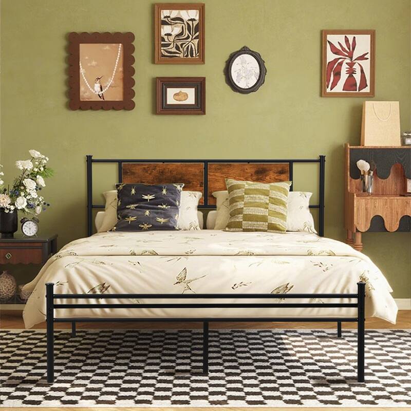 Queen Size Metal Platform Bed with Wood Panel Headboard, 900lb Capacity and 14" Under-Bed Storage - Black