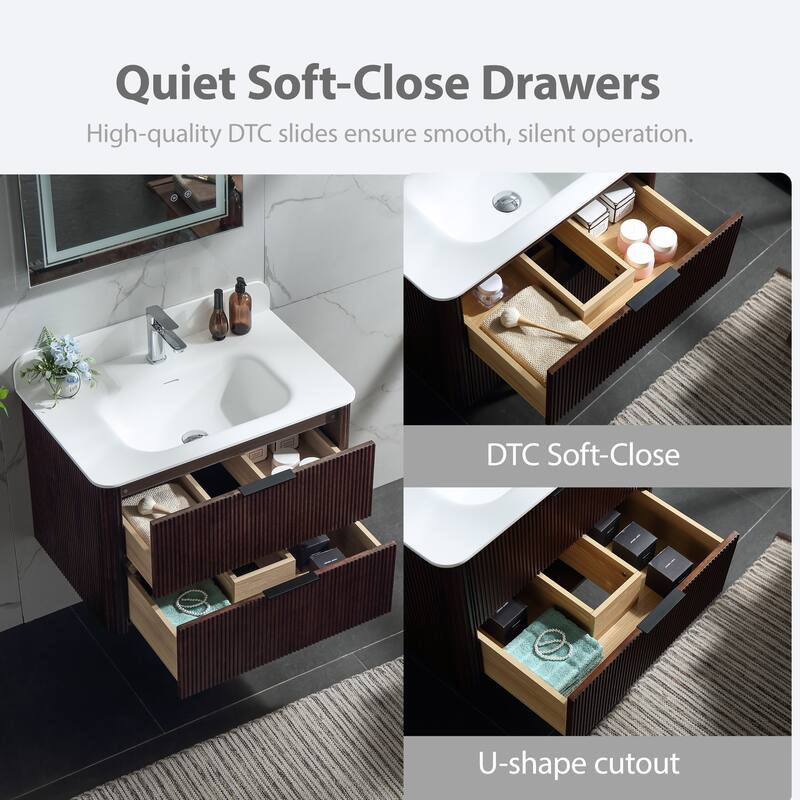 Modland Fluted Floating Vanity with Sink, Plywood Wall Mount Cabinet, Curved Edge, 24/30/36 Inch