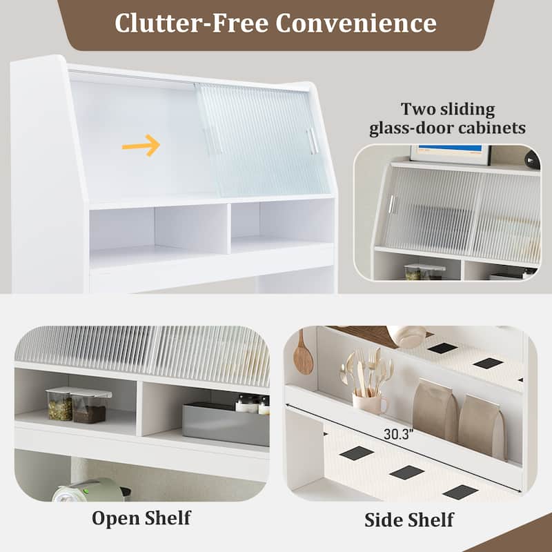 Multifunctional Buffet Hutch and Foldable Dining Table with Storage Unit and Rolling Wheels for Small Spaces
