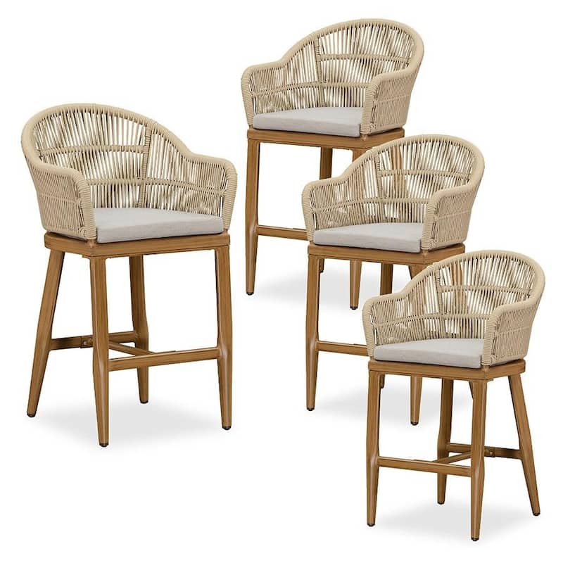 PURPLE LEAF Counter BarStools Set of 4 Aluminum Dining Chairs with Back and Cushions Rattan Bar Stools - Teak - Counter Height