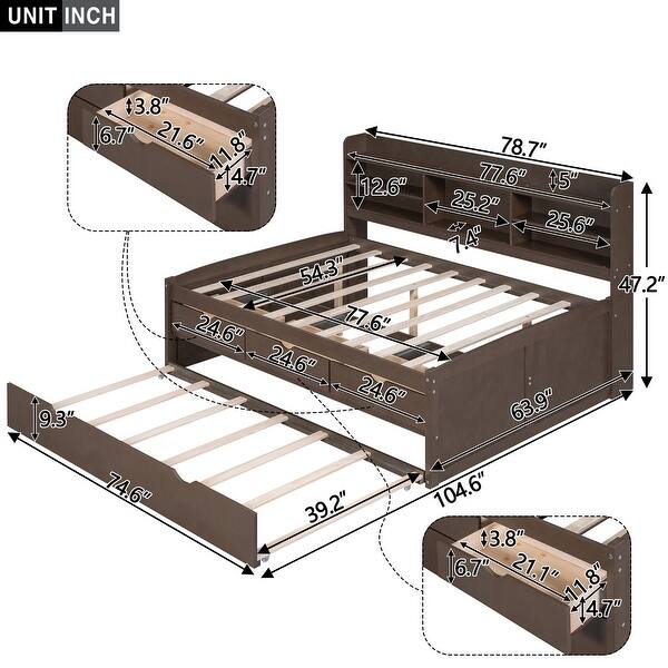 dimension image slide 2 of 3, Full Size Wooden Captain Bed with Built-in Bookshelves, 3-Storage Drawers, and Trundle, Light Grey, Classic Style Bed Frame