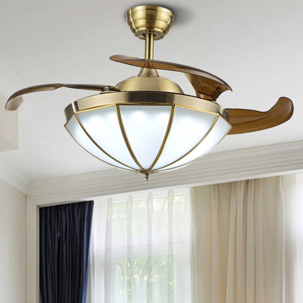36" Retractable Blade Ceiling Fan Light with Remote Control - Brass - 36 inches