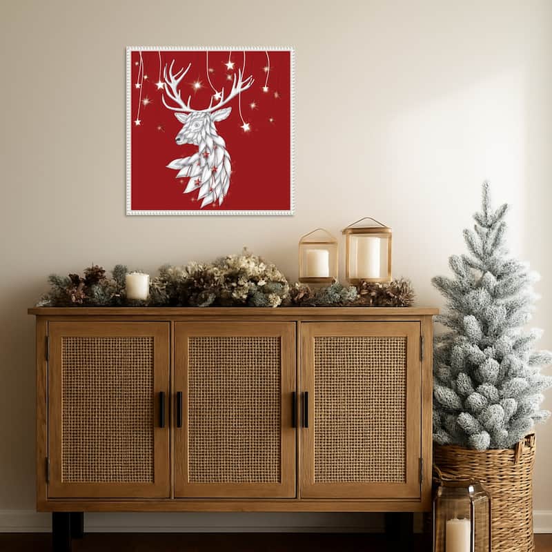 White Deer and Hanging Stars by Fab Funky (22 x 22 in.), Framed Canvas Wall Art Print - Sylvie Beaded White