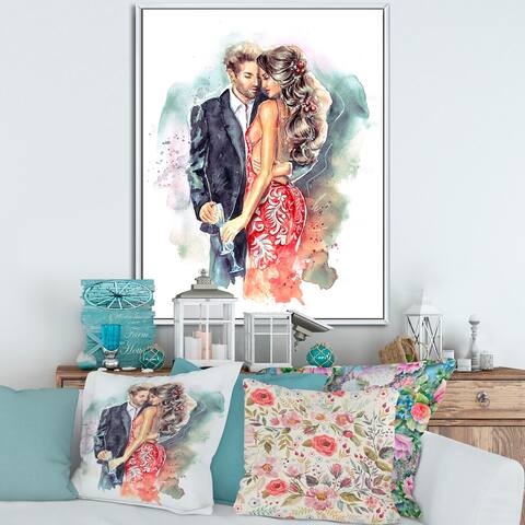 Designart 'Romantic Couple Ith Champagne Glasses At New Year' Traditional Framed Canvas Wall Art Print