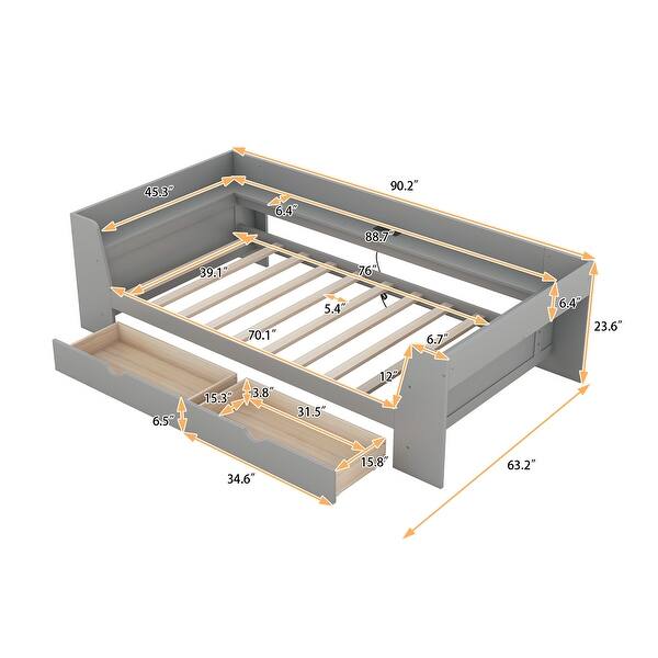 dimension image slide 0 of 2, Twin Size Pine All-in-One Platform Daybed w/ Shelves, Built-In Charging Station Upholstered Bed Frame for Living Room Bed Room