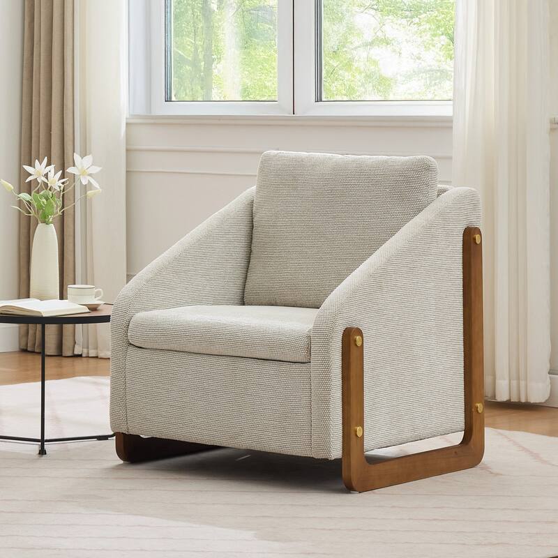 Modern Chenille Upholstered Armchair with Wooden Side Frame, Single Accent Leisure Chair with Backrest for Living Room, Bedroom