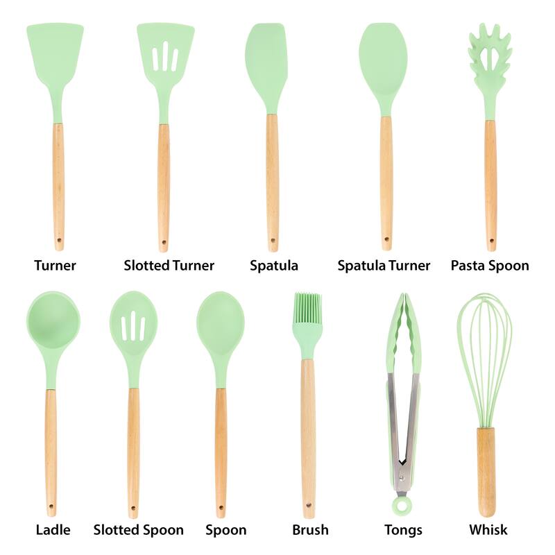 MegaChef 12 Piece Mint Green Silicone and Wood Kitchen Utensil Set