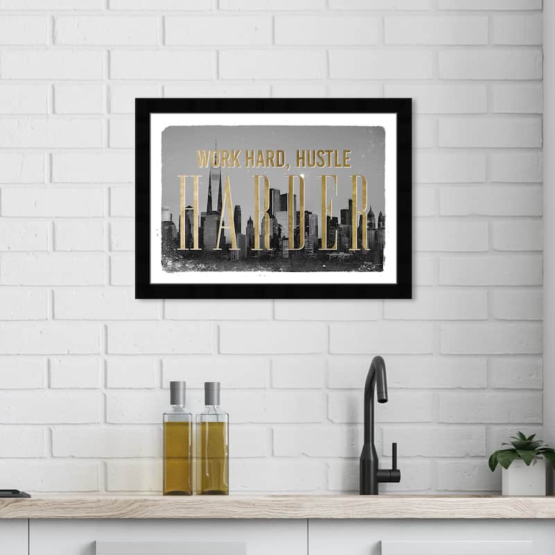 Wynwood Studio Prints Typography and Quotes Work Hard Hustle City Gray and Metallic Gold Glam Wall Art Canvas Print - Black