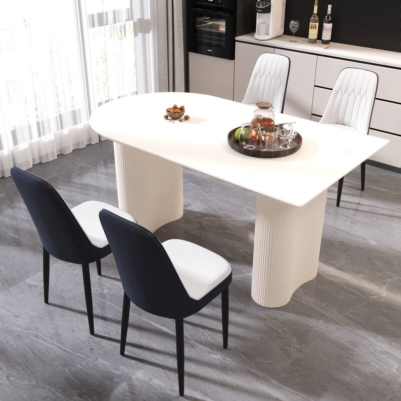 5-Piece Dining Cream MDF Table and 4 Ergonomic PU Chairs Set with for Dinners and Gatherings