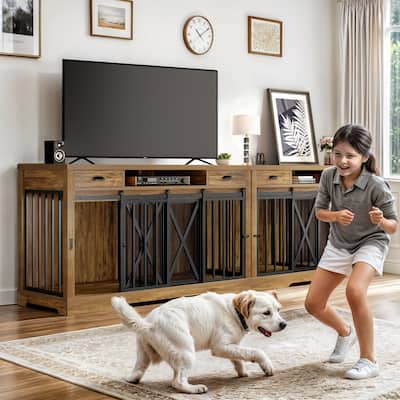 63 Inch Double Dog Crate TV Stand with Charging Station
