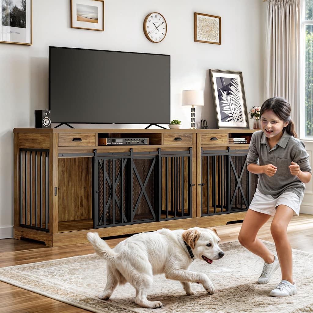 63 Inch Double Dog Crate TV Stand with Charging Station
