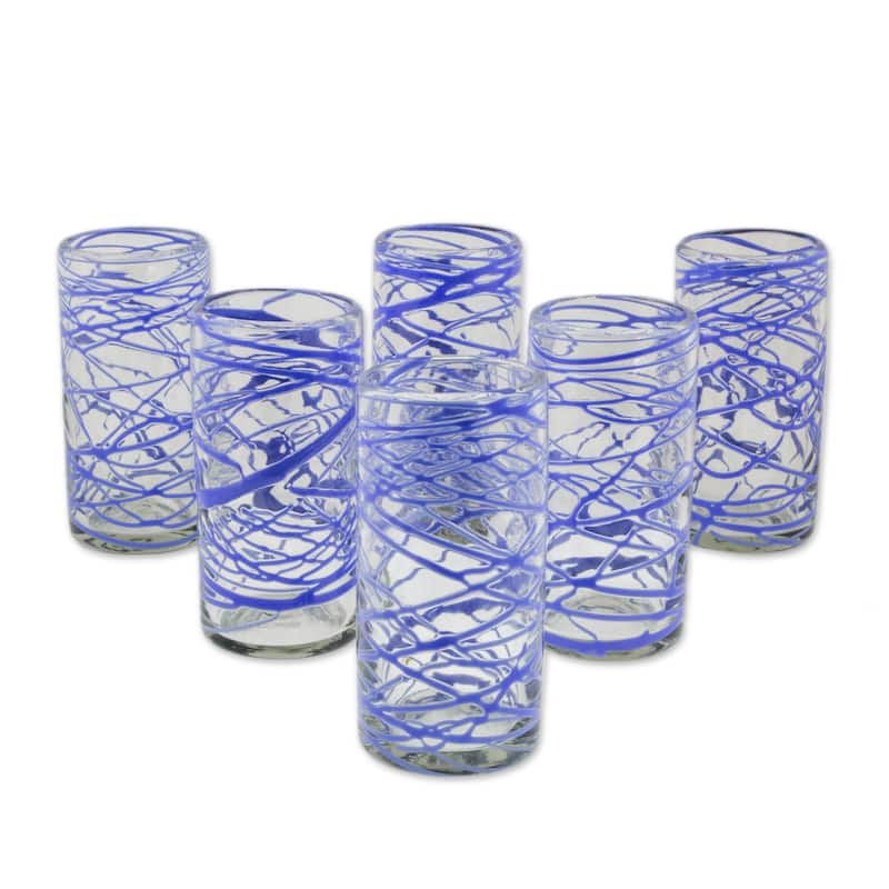 NOVICA Artisan Handblown High Ball Glasses Clear Mexican Drinkware Recycled Tumbler 'Sapphire Swirl'(Set of 6) - 6*2.8 - Set of 6 - Blue