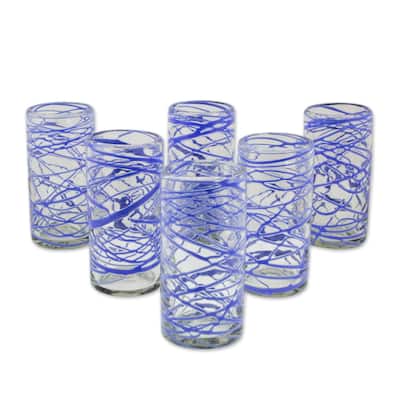 NOVICA Artisan Handblown High Ball Glasses Clear Mexican Drinkware Recycled Tumbler 'Sapphire Swirl'(Set of 6) - 6*2.8