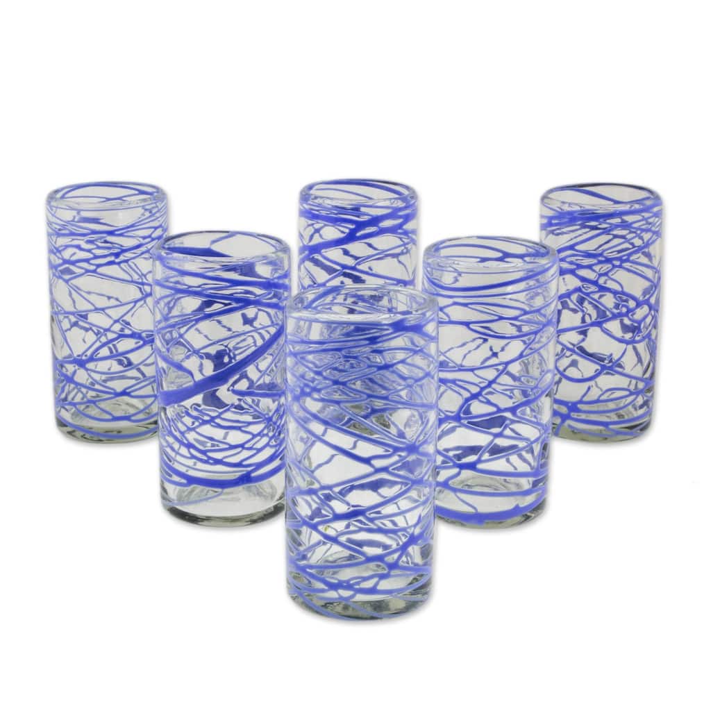 NOVICA Artisan Handblown High Ball Glasses Clear Mexican Drinkware Recycled Tumbler 'Sapphire Swirl'(Set of 6) - 6*2.8