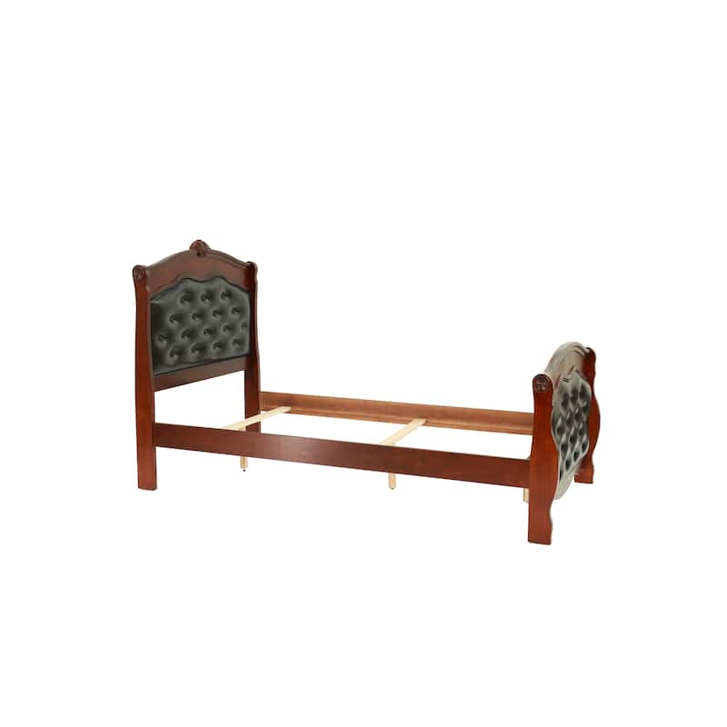Dark Cherry Twin Size Bed Youth Bedroom Furniture Espresso Faux Leather Headboard Footboard Plywood 1pc Bedframe