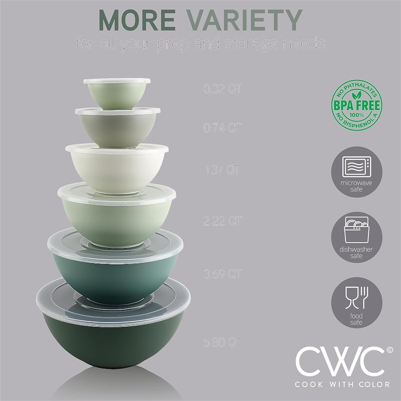 COOK WITH COLOR - 12 Piece Plastic Nesting Bowls - 6 Prep Bowls and 6 Lids, Microwave Safe.