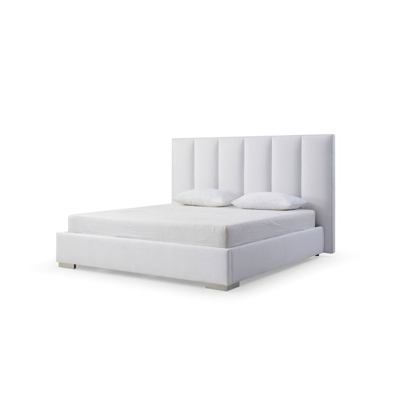 Queen Velvet Bed - Antique Ambiance, White Linen Blend Fabric, Stainless Steel Legs, Modern Design