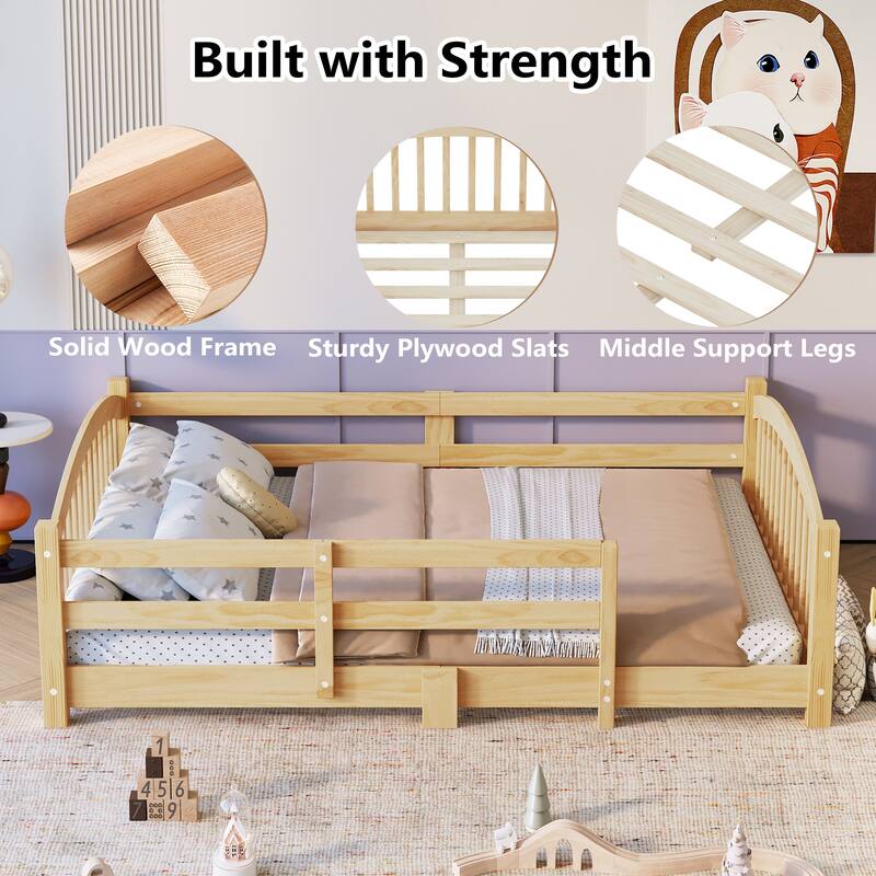 Solid Wood Floor Bed Montessori Bed with Safety Guardrails Without Door