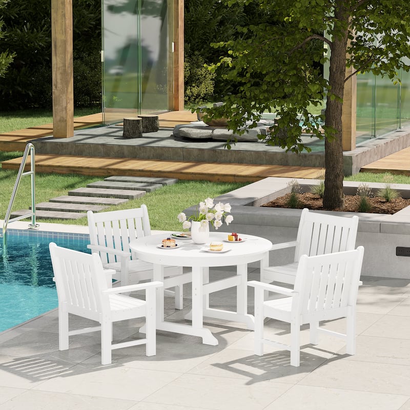Polytrends Laguna Poly 5-Piece Outdoor Patio Round Table Garden Arm Chair Dining Set