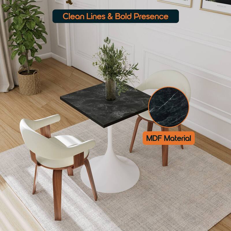 Verve 24 in. Wide Dining Table Square MDF Wood Tabletop in White Stainless Steel Pedestal Base Accent Kitchen Table