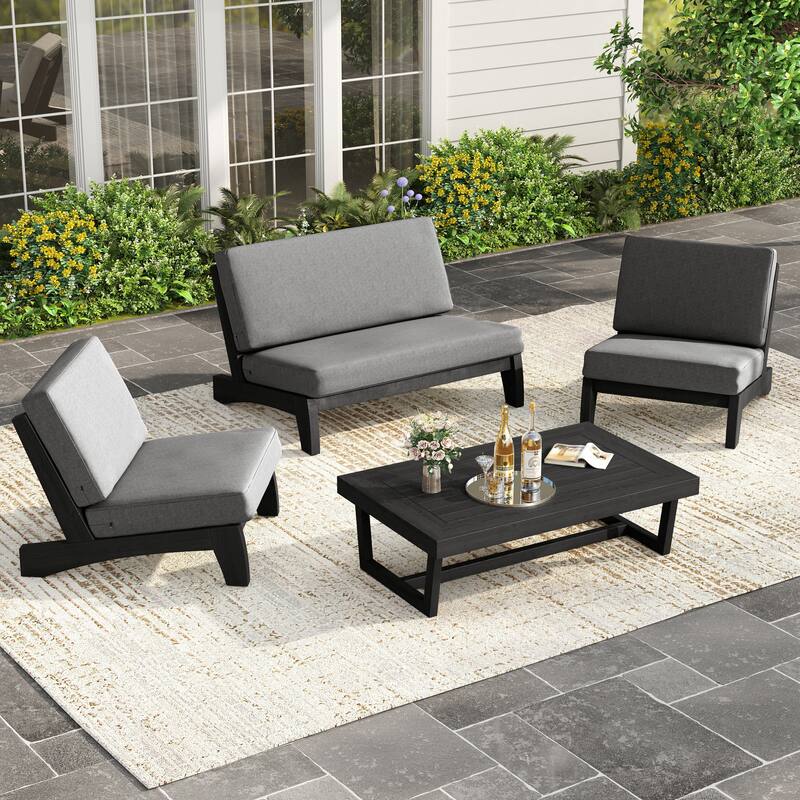 4 Piece Outdoor Wood Loveseat Chair Conversation Set with Cushion